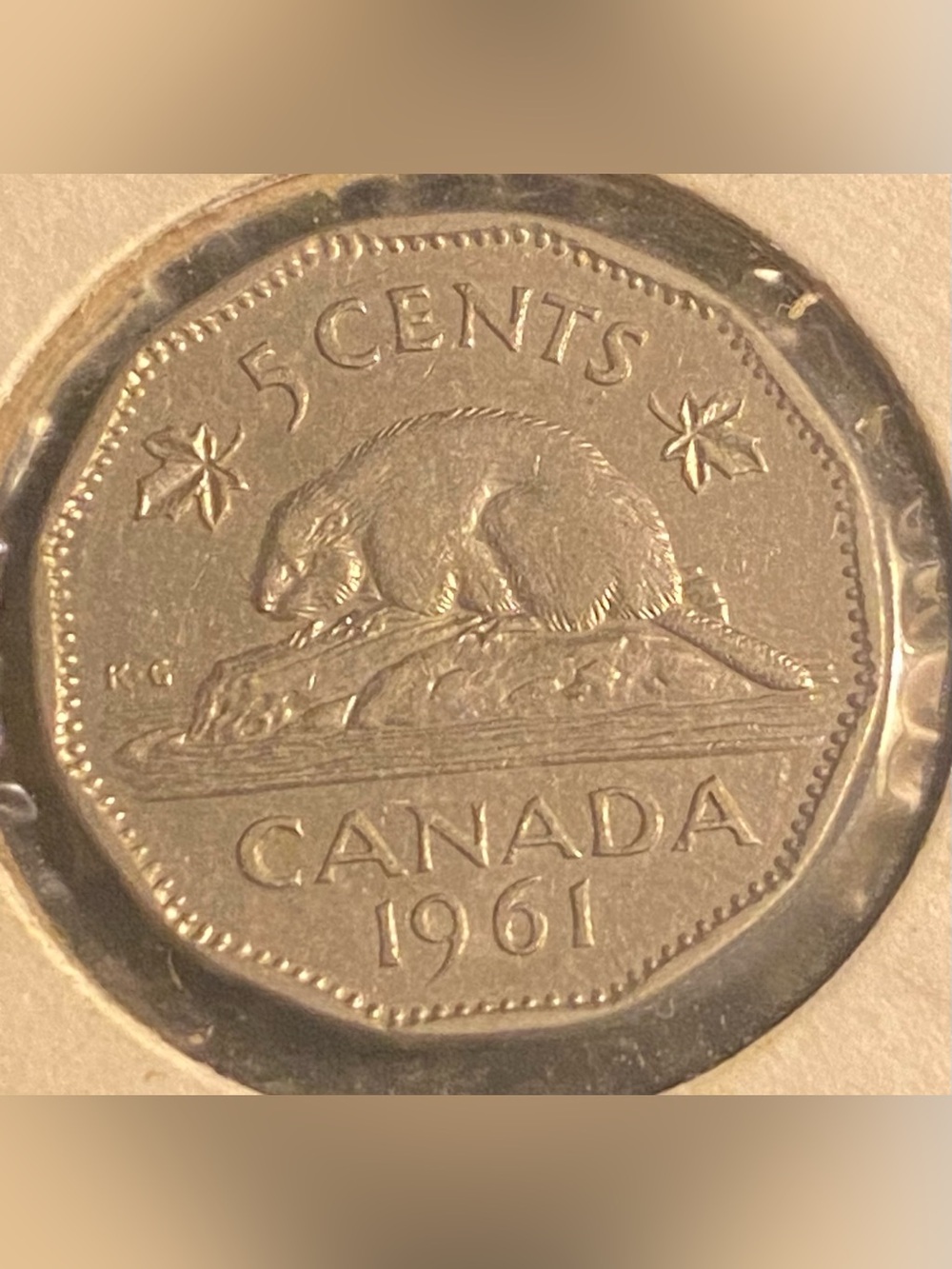 1961 Canadian 5 cents coin, often referred to as a "nickel," featuring a beaver.